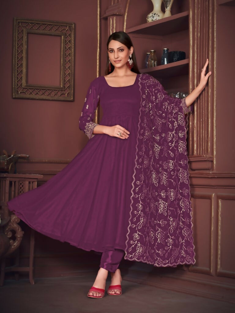 Jyoti Fashion Women's Purple Georgette Embroidered Anarkali Kurta Pant Set With Dupatta | Grocsy