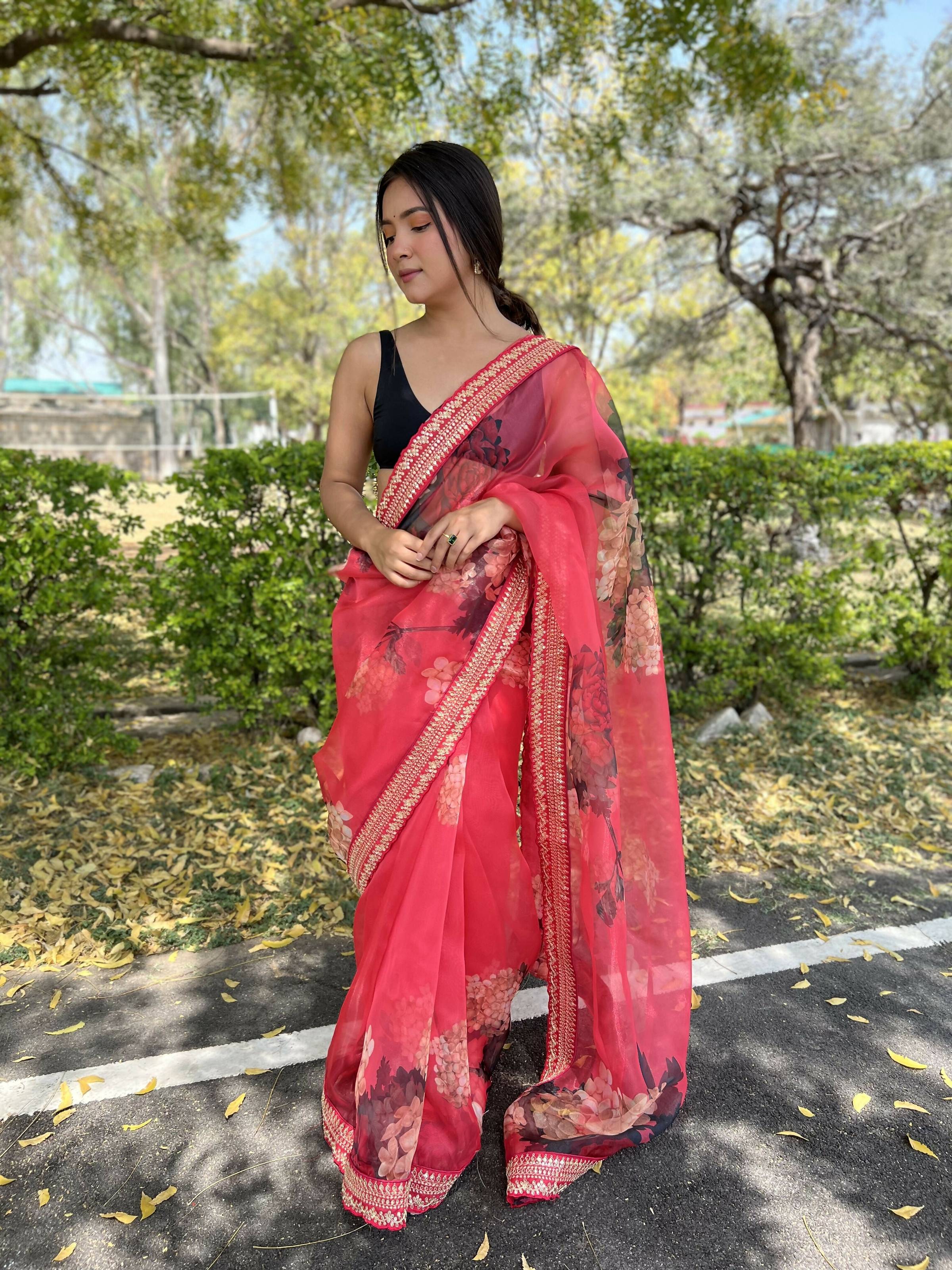 Vamsee Kali Patti Red Organza Saree | Grocsy