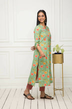 Myshka Women Green Floral Rayon A-Line Round Neck Kurtas | Grocsy