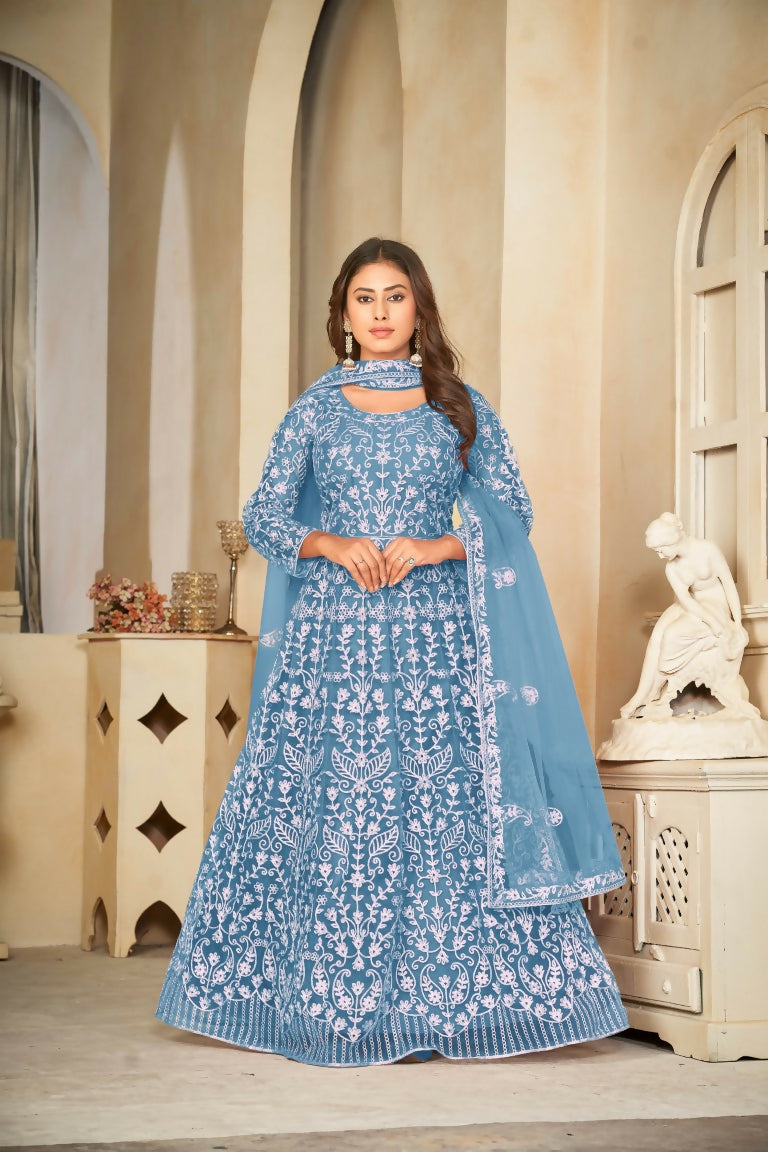 Jyoti Fashion Women's Sky Blue Net Embroidered Anarkali Kurta Pant Set With Dupatta | Grocsy