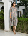 Vaasva Women's Grey Cotton Digital Printed Embroidered Placket Dress | Grocsy