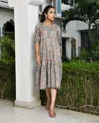 Vaasva Women's Grey Cotton Digital Printed Embroidered Placket Dress | Grocsy