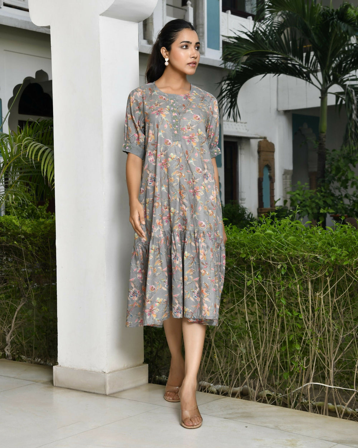 Vaasva Women's Grey Cotton Digital Printed Embroidered Placket Dress | Grocsy