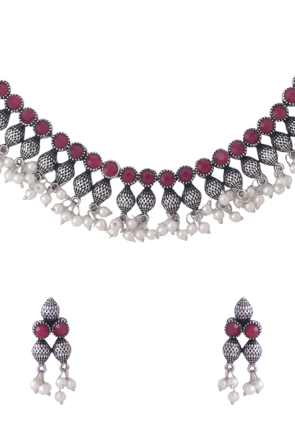 NVR Women Silver-Plated Stone Studded Oxidised Silver Jewellery Set | Grocsy