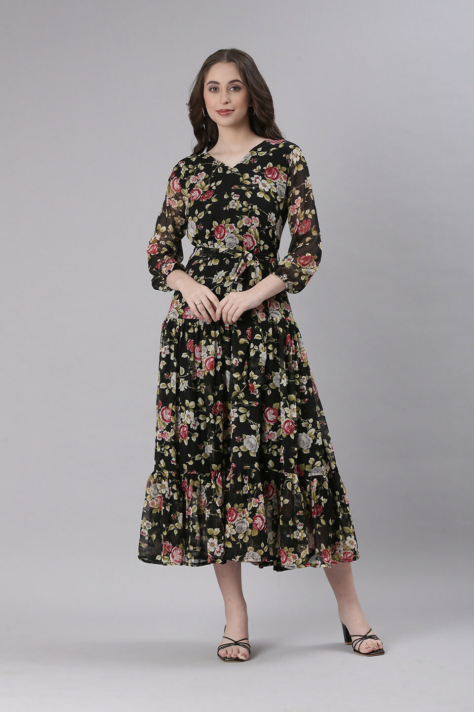 Souchii Black Floral Chiffon Dress | Grocsy
