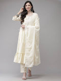 Yufta Women Cream-Embroidered Pure Cotton A-line Kurta with Trouser and Dupatta | Grocsy