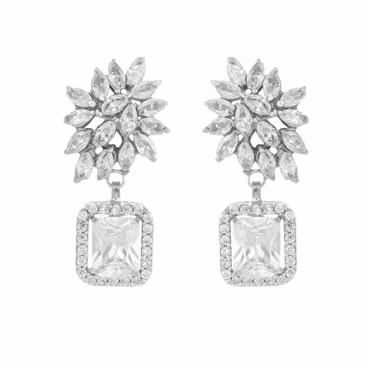 Nuyug Rhodium-Plated Rhinestone Studded Floral Minimal Cotemporary Studs | Grocsy