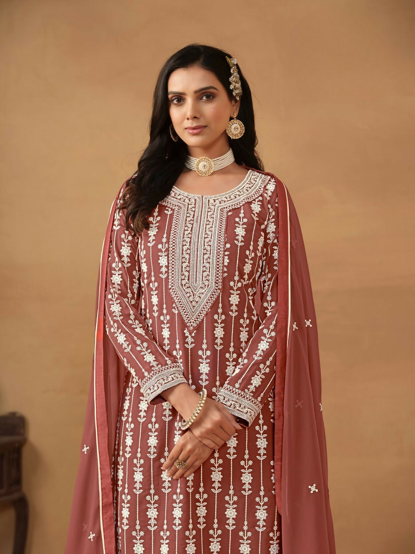 Anaita Brown Embroidered Faux Georgette Salwar Suit | Grocsy