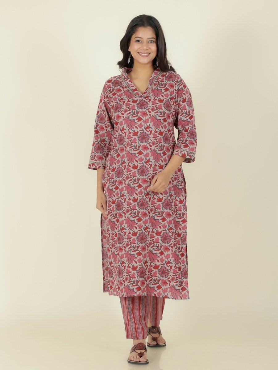 Aramya Straight Linen Cotton Floral Print Women's Kurta - Grey | Grocsy
