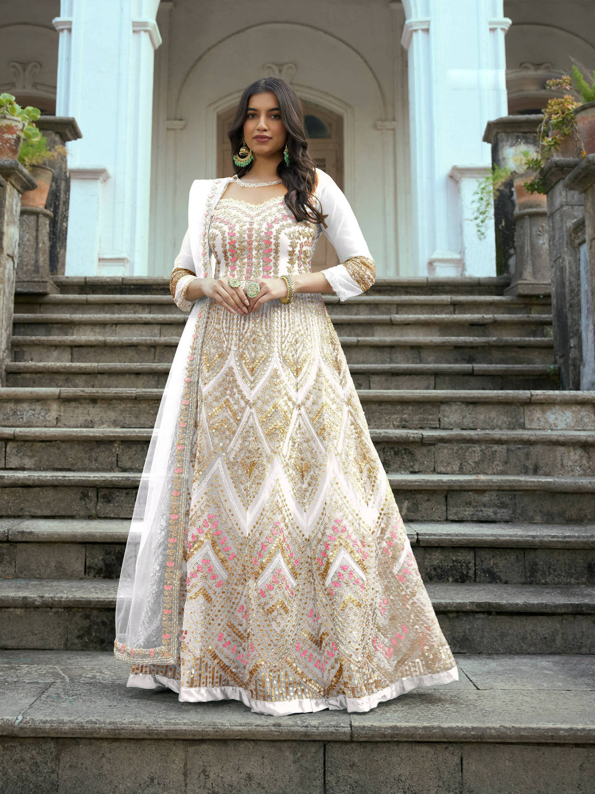 White Butterfly Net Anarkali Embroidered Kurta Set - Aadishri | Grocsy