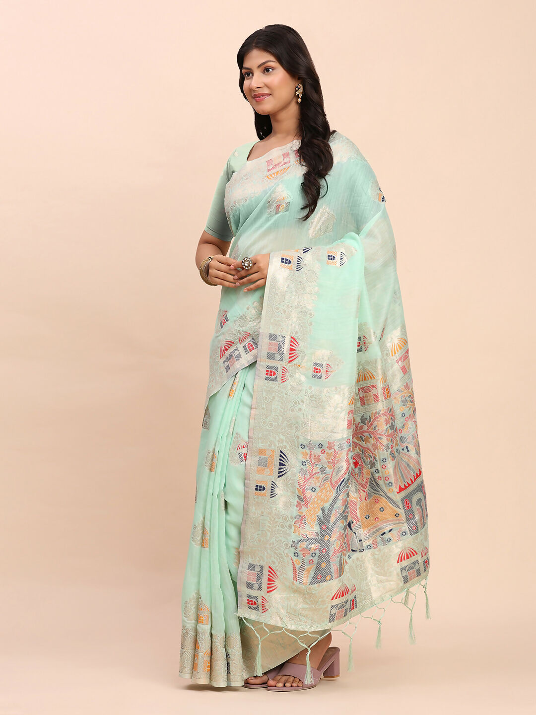 Shree Shyam Fashion Linen Cotton Sea Green Saree | Grocsy