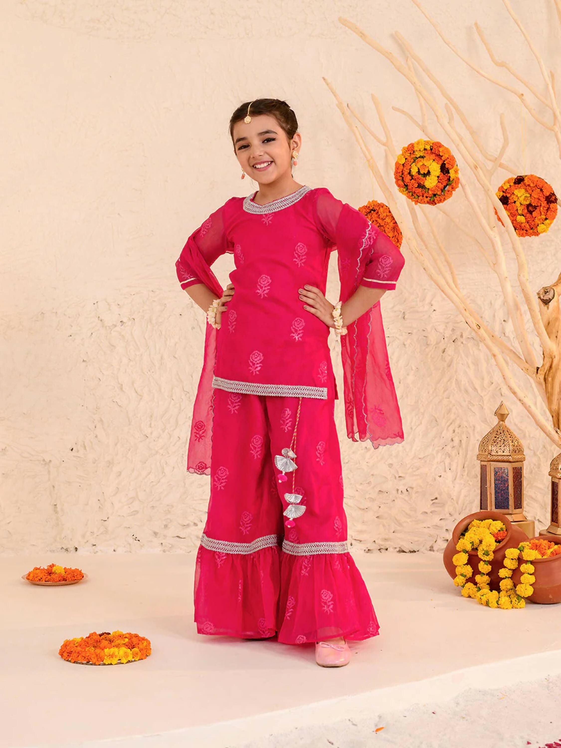 Joban Fashion Girl's Pink Color Sharara Set | Grocsy