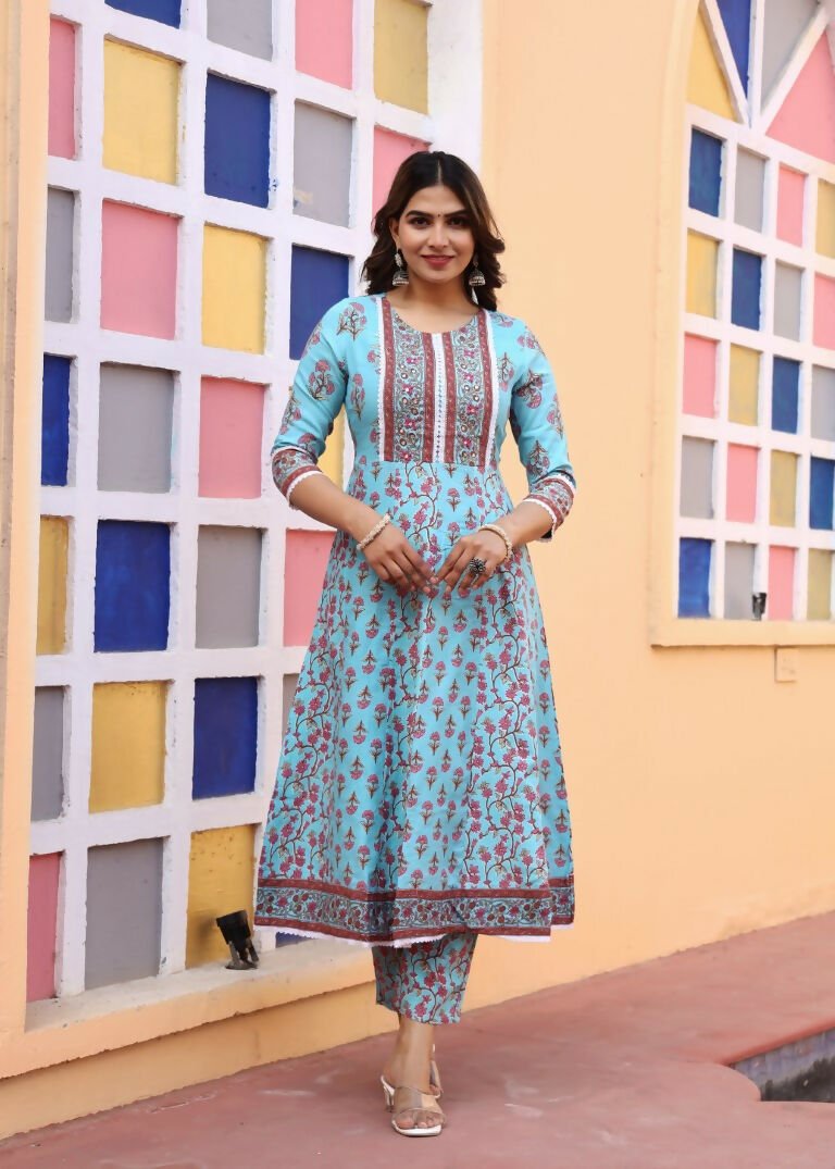 Alvano Printed Anarkali Kurti with Pant and Dupatta Set for Women's and Girls Rayon | Grocsy