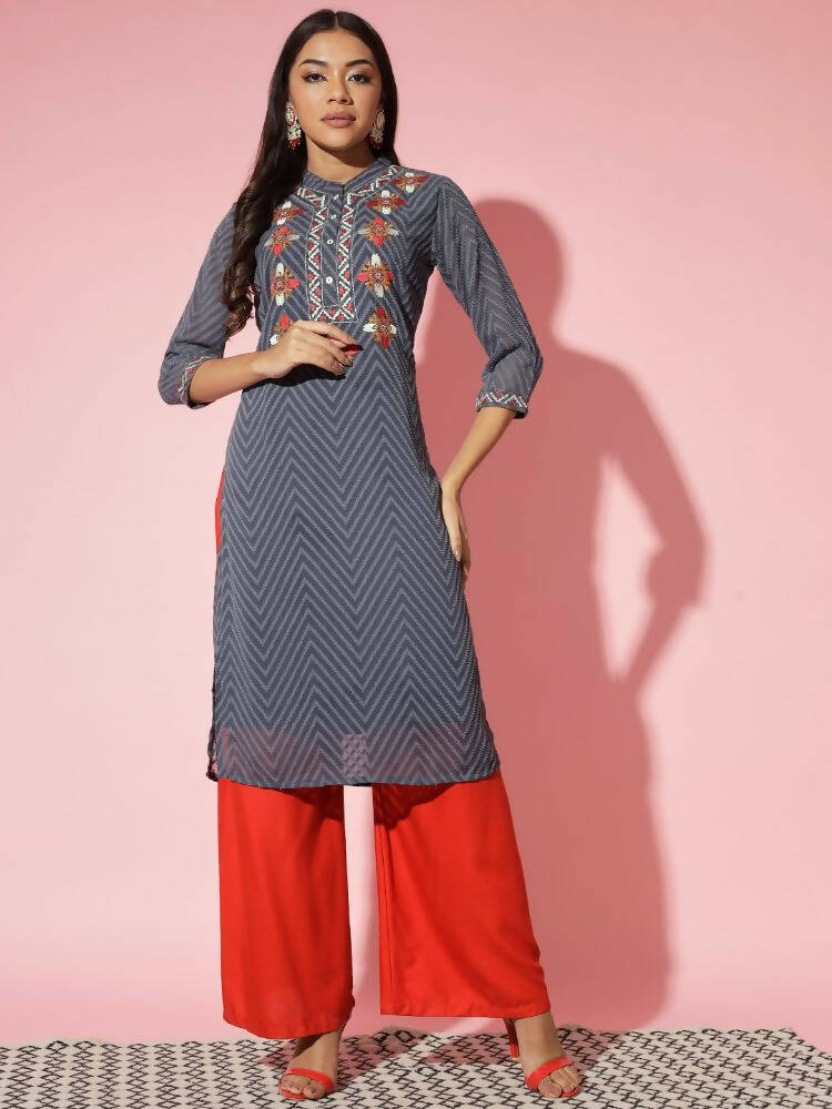 Myshka Women Grey Solid Georgette Straight V-Neck Kurtas | Grocsy