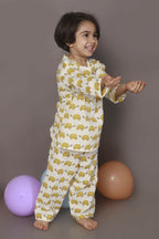 Breathables Kids Cotton Turtle Print Co-Ord Night Suit With Kurta And Pyjama – White & Yellow | Grocsy