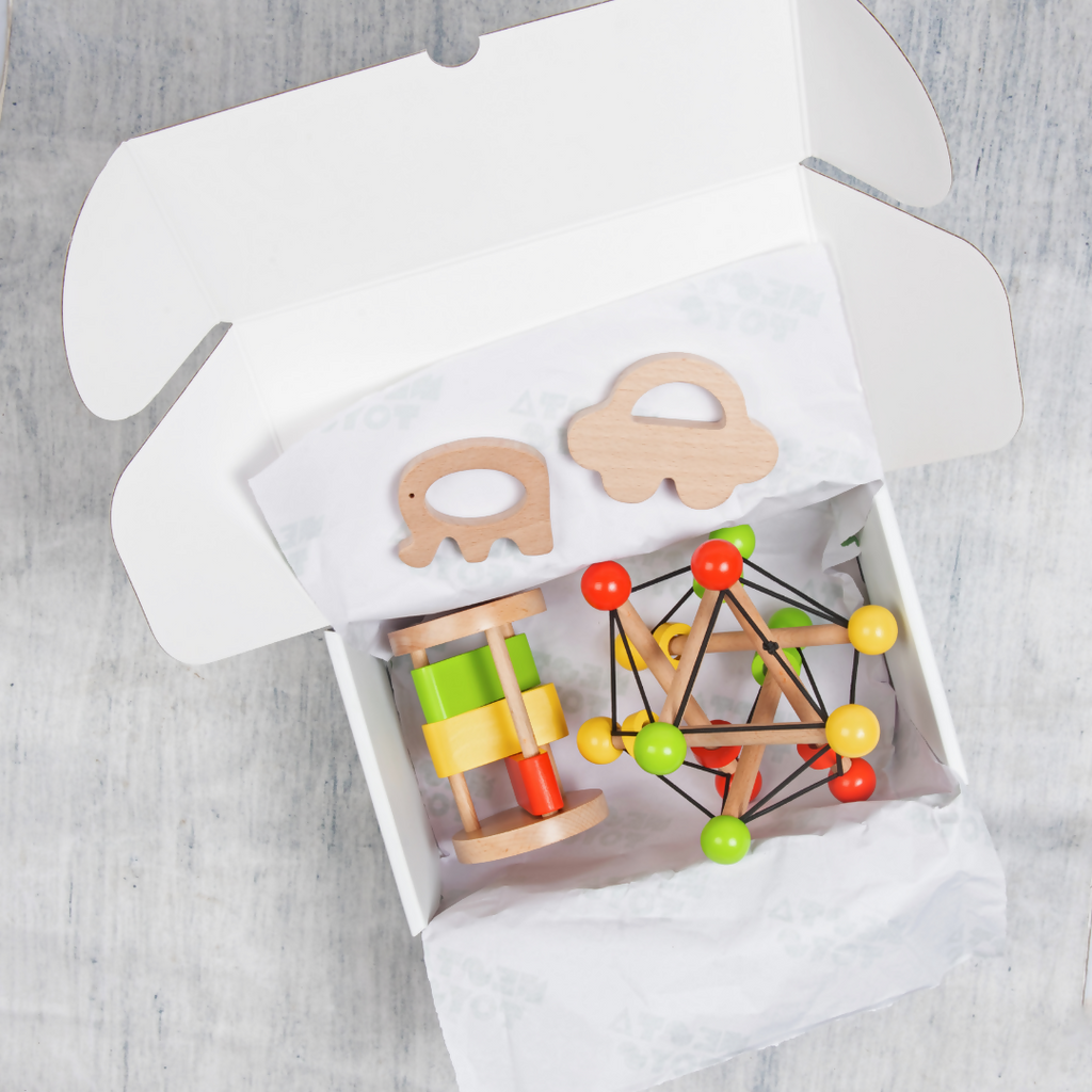 Nesta Toys Newborn Gift Set - Wooden Skwish Rattle, Clacker Rattle, Elephant & Car Teether | Grocsy