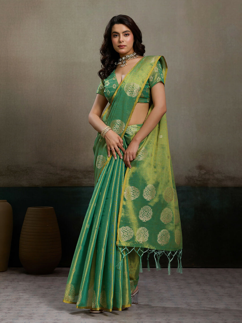 Shree Shyam Fashion Green Tissue Silk Saree | Grocsy