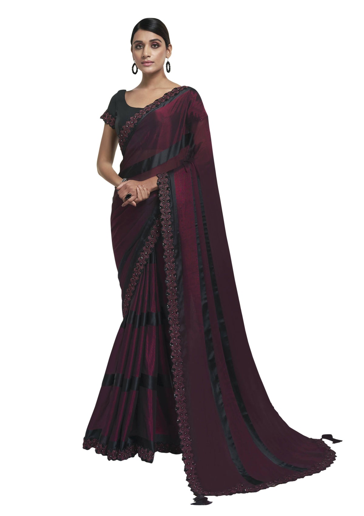 Maroon Georgette Embroidered Border Saree With Blouse Piece - Norita Avyaan | Grocsy
