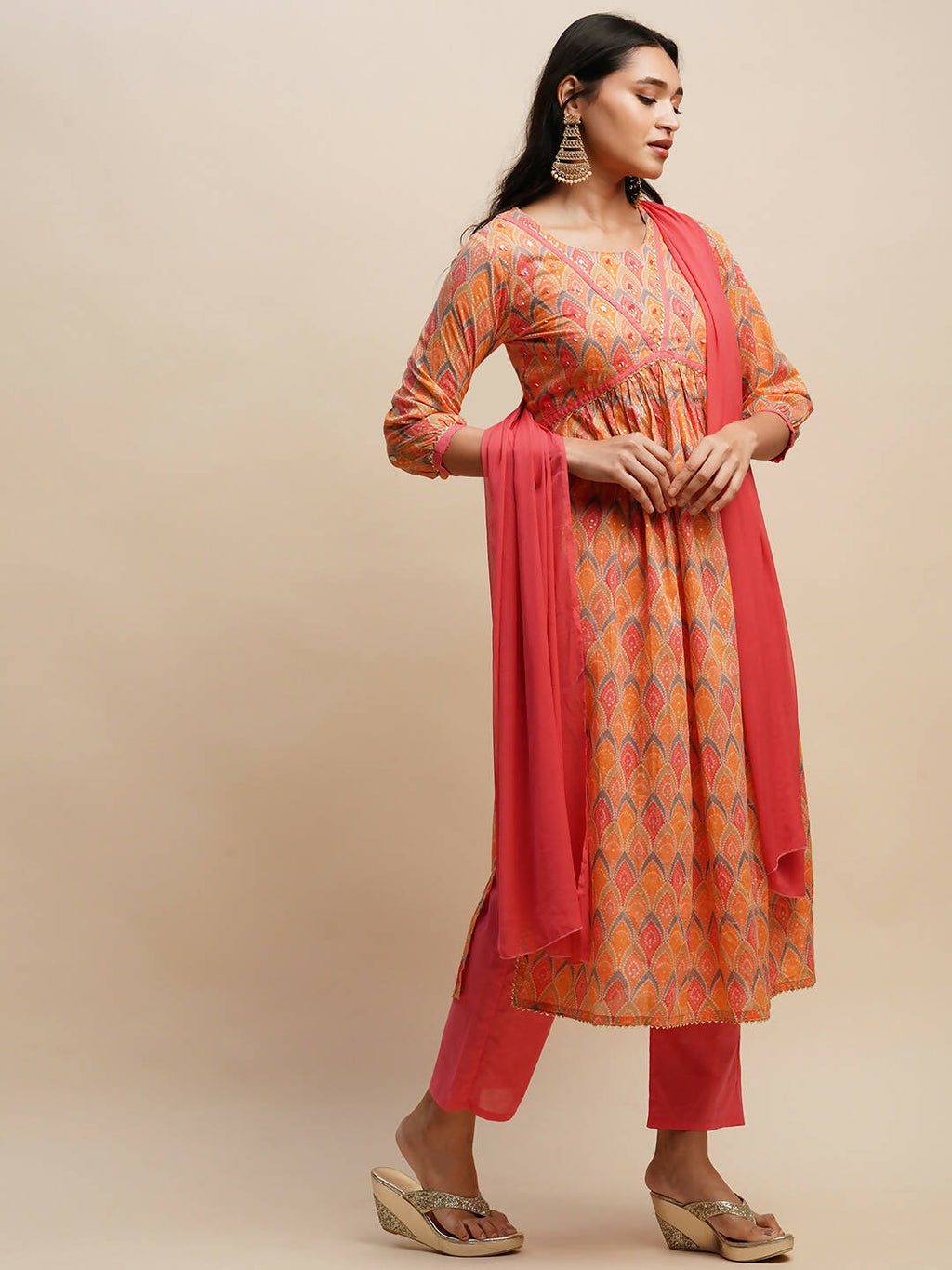 Orange Pure Cotton Bandhani Printed Naira Cut Kurta And Bottom With Dupatta - Akashara | Grocsy