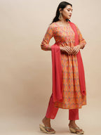 Orange Pure Cotton Bandhani Printed Naira Cut Kurta And Bottom With Dupatta - Akashara | Grocsy