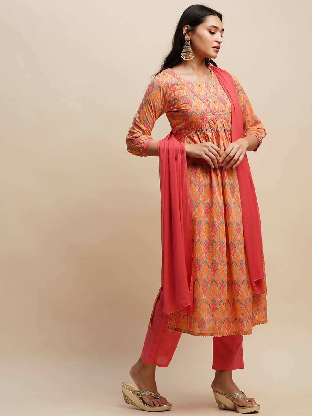 Orange Pure Cotton Bandhani Printed Naira Cut Kurta And Bottom With Dupatta - Akashara | Grocsy
