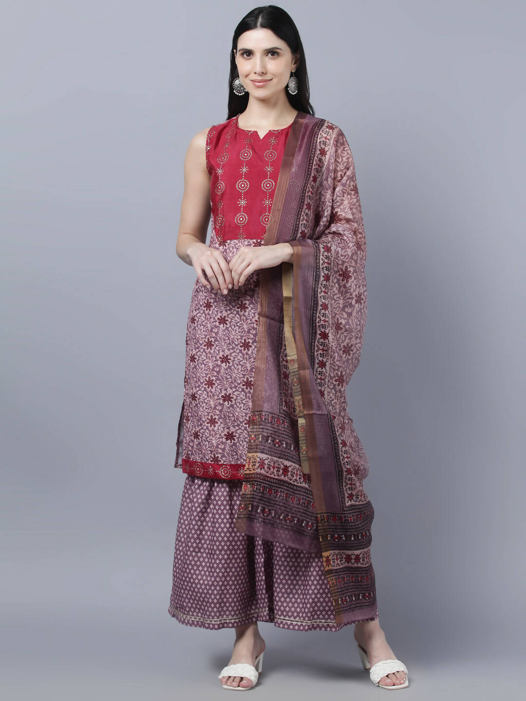 Myshka Women Multicoloured Embroidered Panelled Kurti with Palazzos With Dupatta | Grocsy