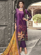 Jyoti Fashion Women's Purple Velvet Floral Digital Printed Kurta with Trouser & Dupatta | Grocsy
