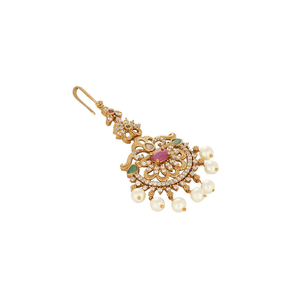Nuyug 18K Gold Plated Ethereal Gulabi Stone Maang Tikka | Grocsy
