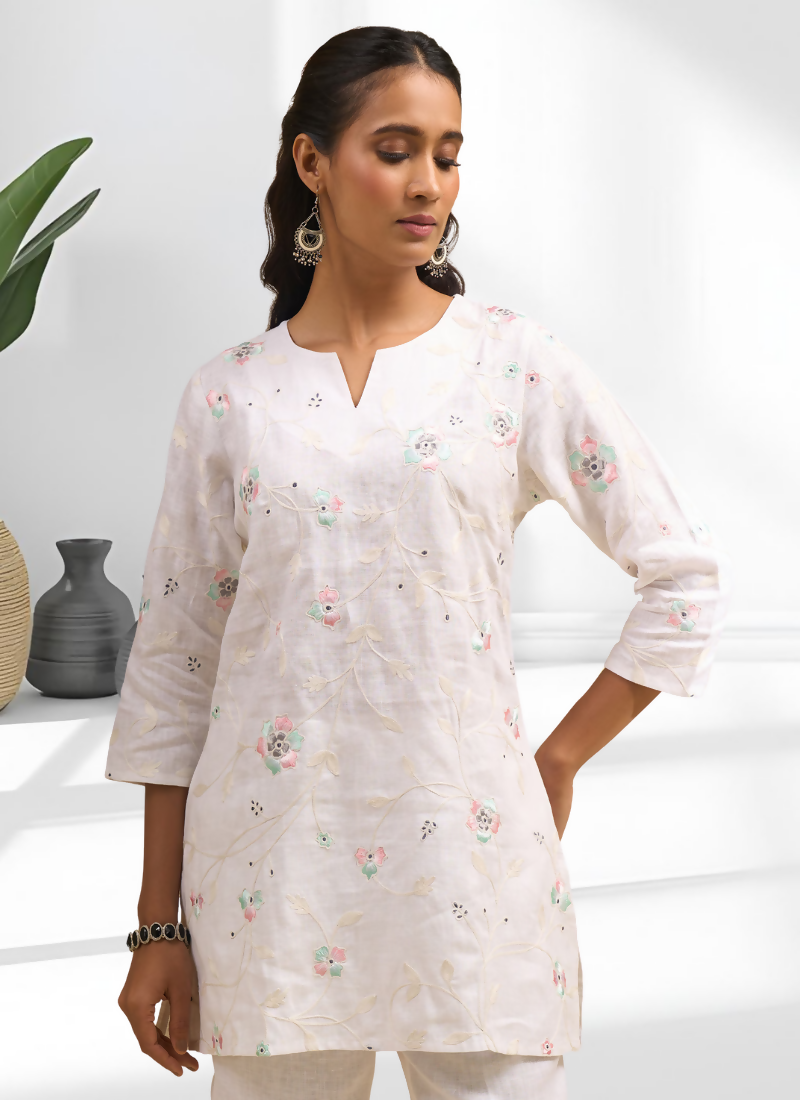 Joban Fashion Off White Linen Embroidered Readymade Cord Set | Grocsy