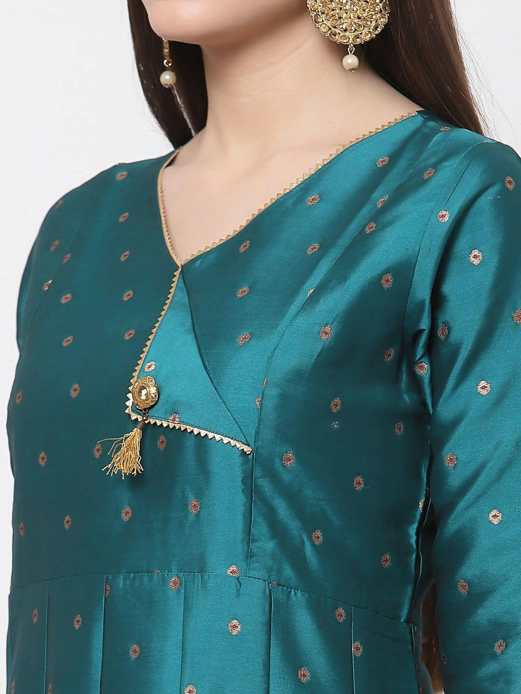 Myshka Green Silk Solid 3/4 Sleeve V Neck Casual Anarkali Kurta Dupatta Set | Grocsy