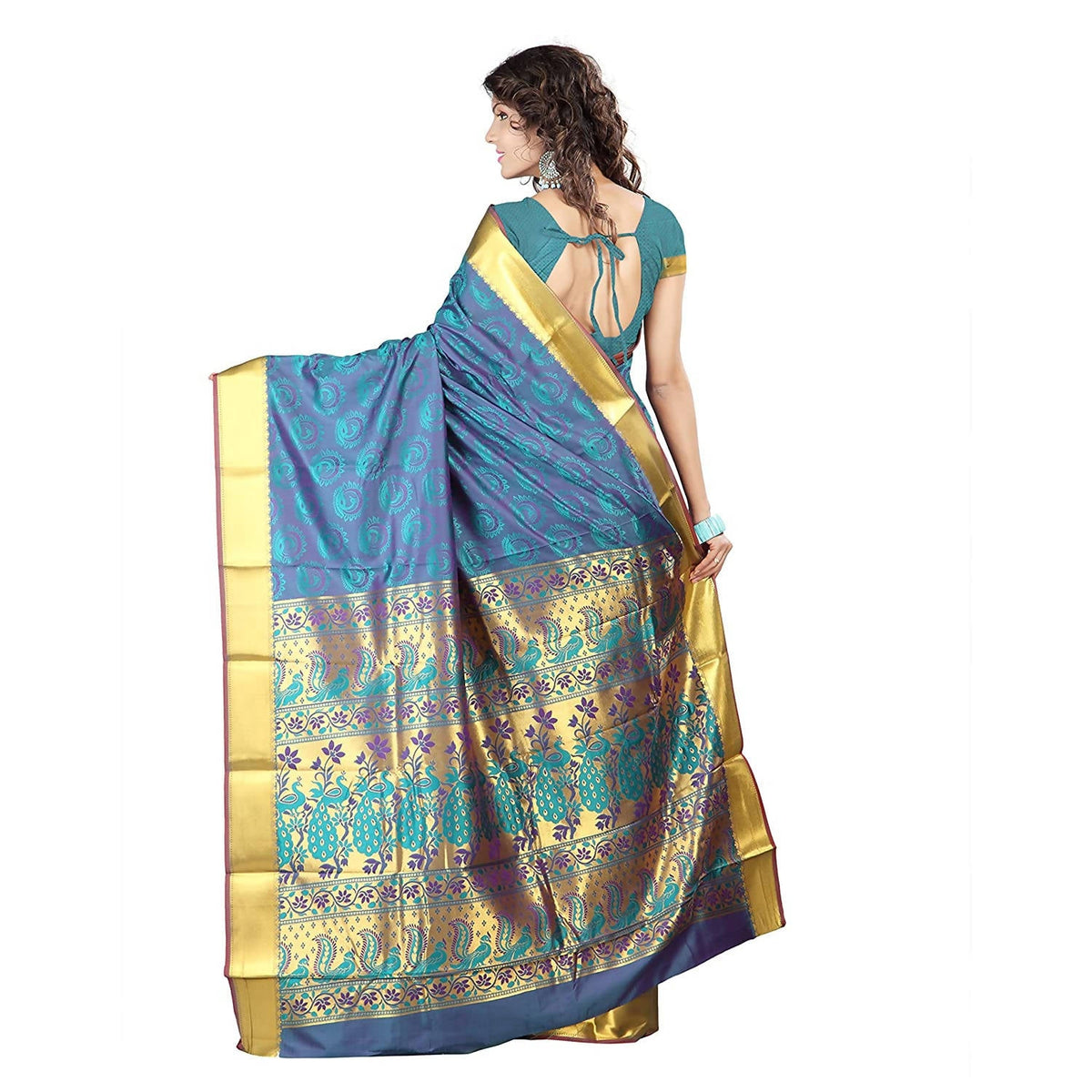 Varkala Silk Sarees Women's Teal Blue Silk Saree With Blouse Piece | Grocsy
