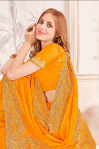 PR Fashion Mustard Fendi Two Tone Silk Heavy Zari & Resham Embroidery Work With Heavy Zircon Work Saree | Grocsy