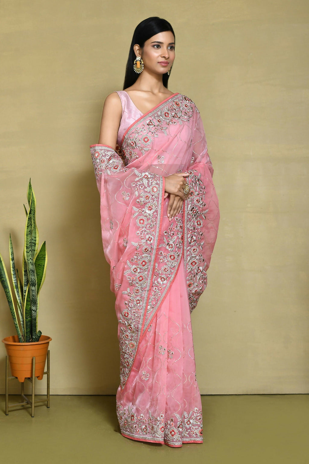 Pink Organza Satin Silk Sequence Embroidered with Stone work Saree - Nimaya Benzy | Grocsy