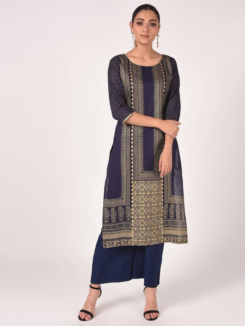 Cheera Hand Block Print Navy Color Straight Kurta | Grocsy