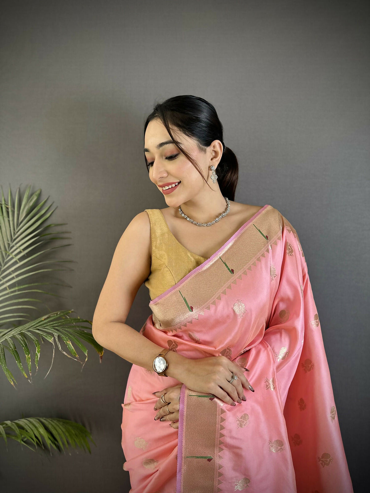 Joban Fashion Light Pink Peacock & Floral Motifs Soft Silk Kanchipuram Saree | Grocsy