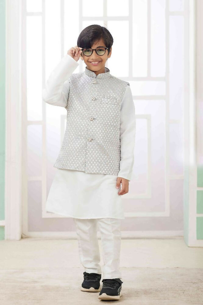 Raivat Ethnic Art Silk Embroidery Work 3 Pics Jacket Set In Grey Colour | Grocsy