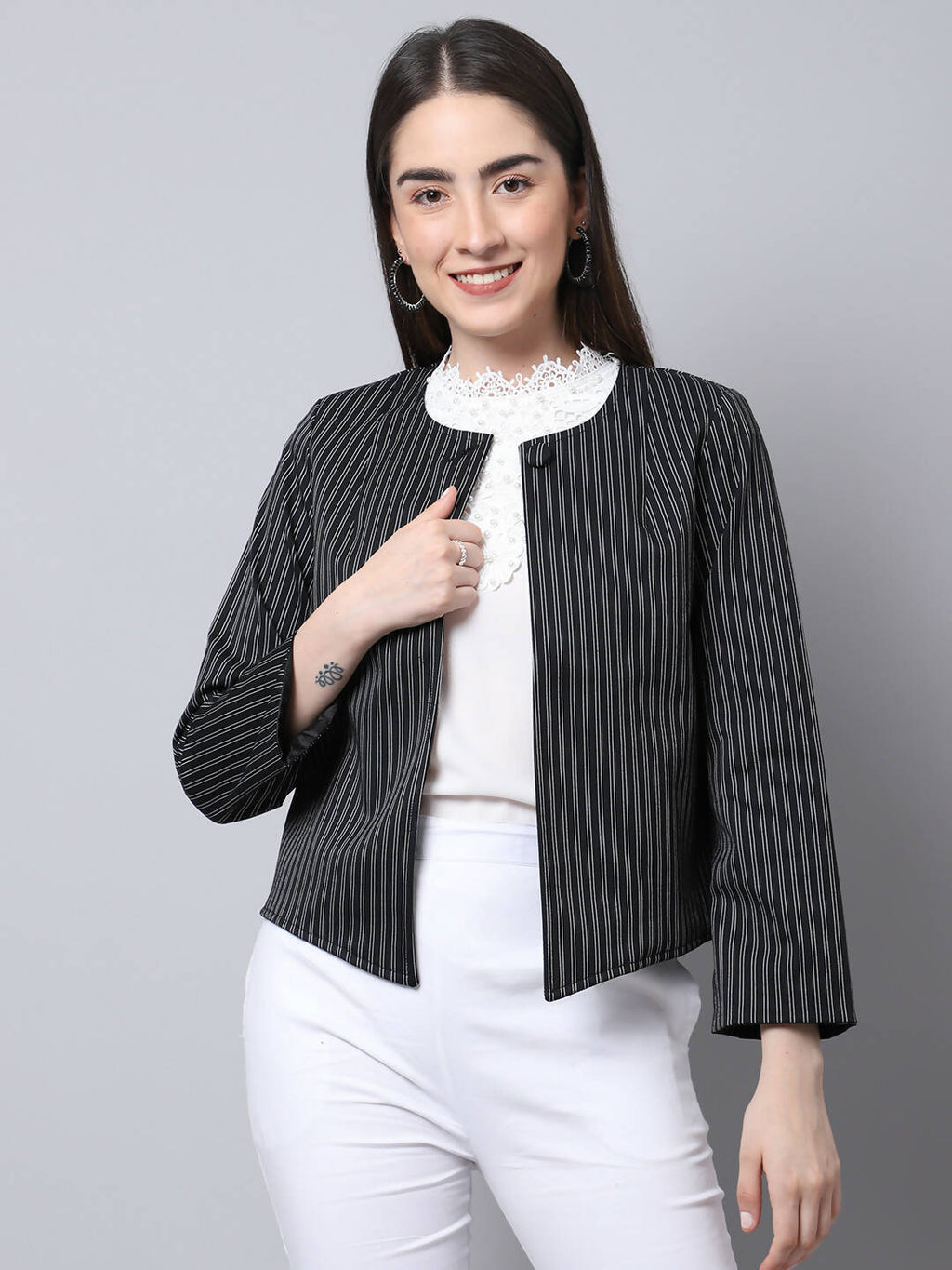 Even Apparels Black Polywool Open Front Statement Women's Jacket | Grocsy