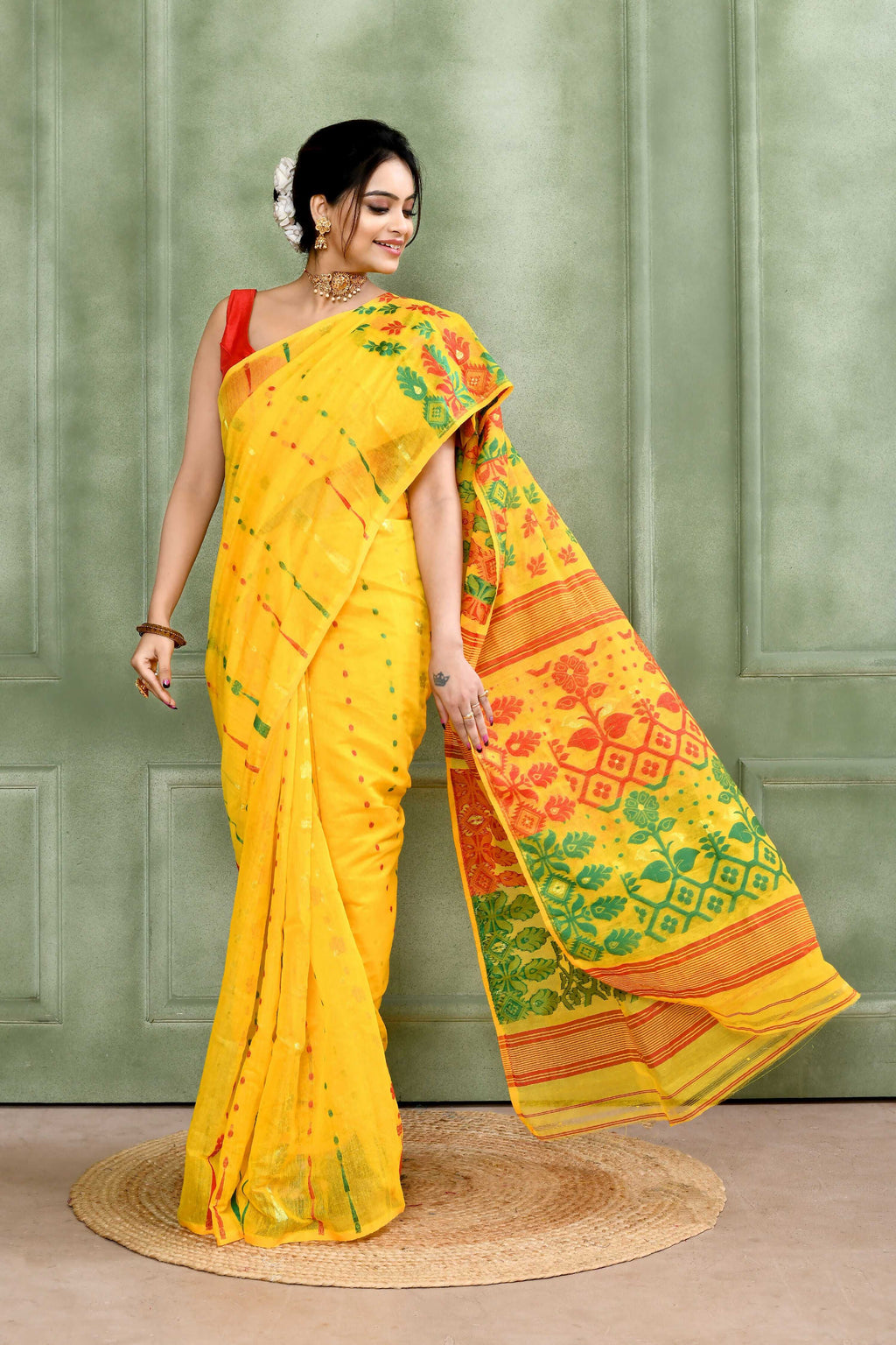 Piyari Fashion Women's Yellow Embellished Cotton Blend Jamdani Saree | Grocsy