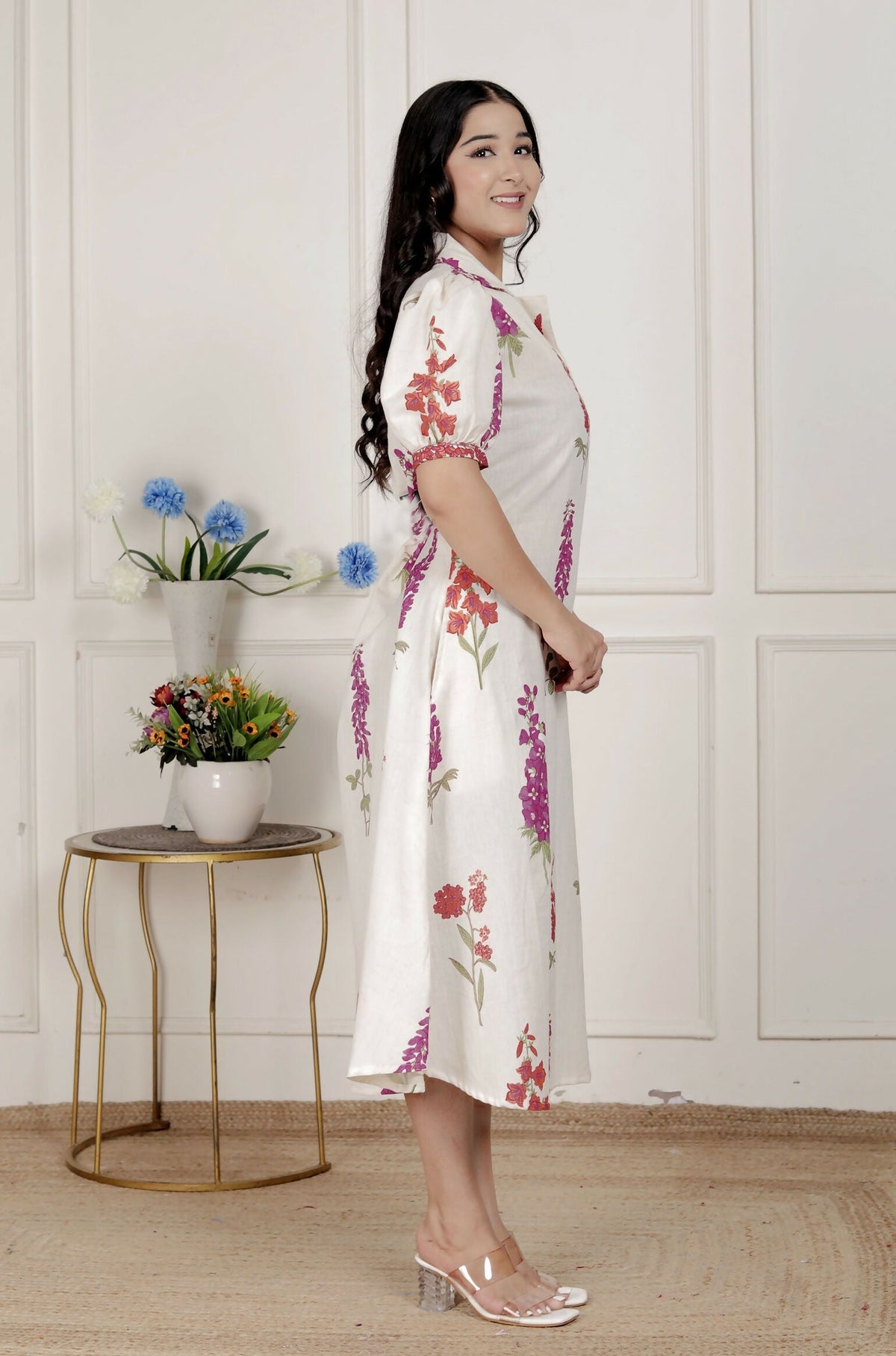 Miravan Womens Off White Flower Printed Cotton Flex Maxi Dress | Grocsy
