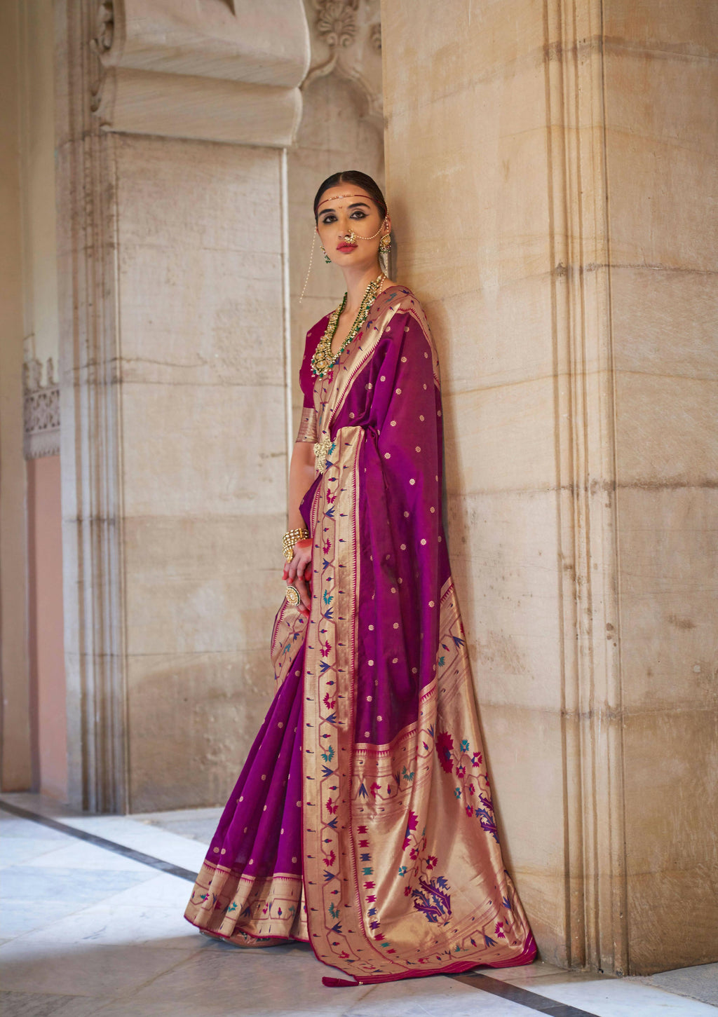 Mulberry Wood Purple Soft V.P. Silk Magnum Finish, Weaving, Golden Zari Paithani Silk Saree - Rath Kadampalli | Grocsy