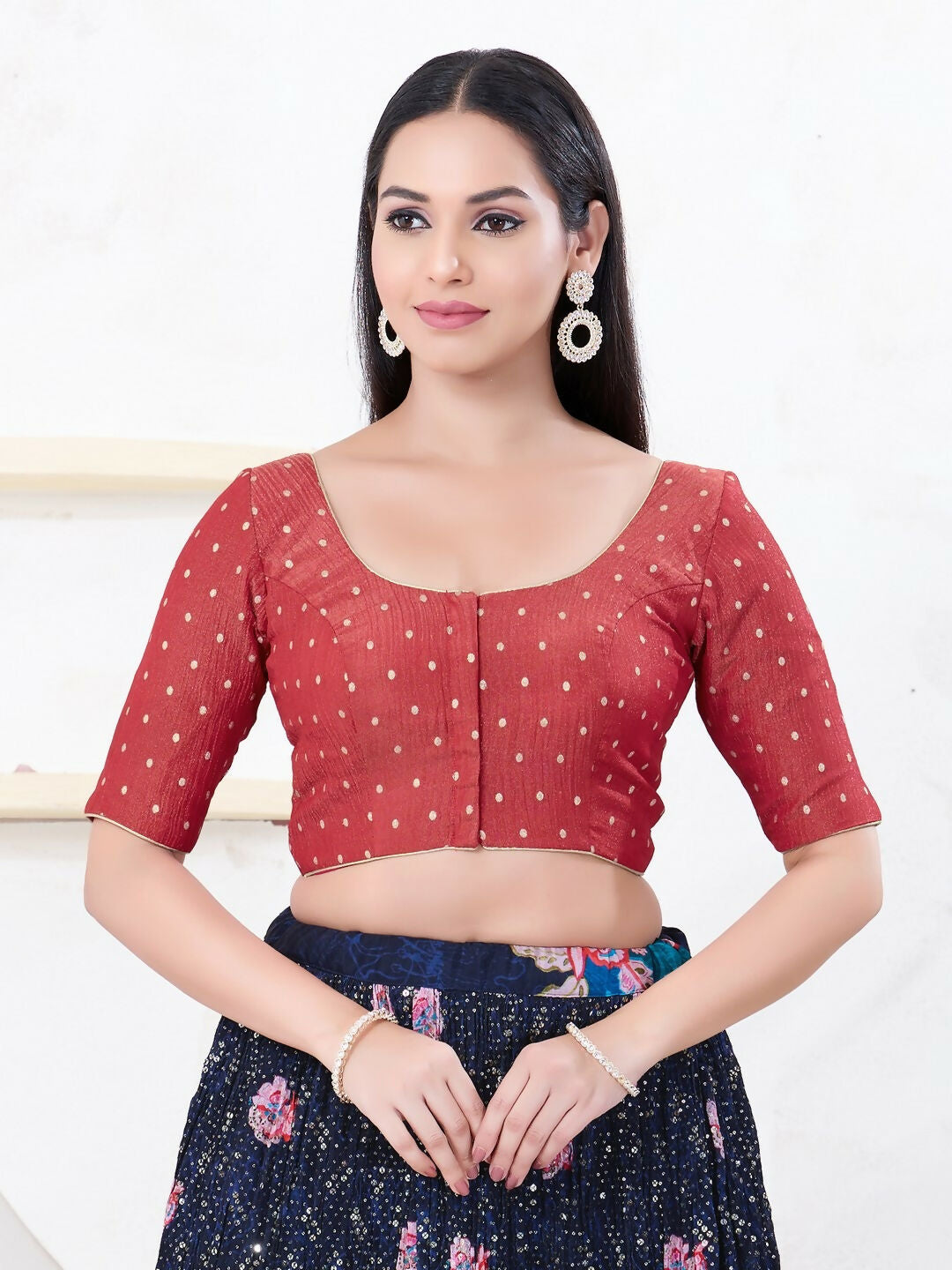 Joban Fashion Red Tissue Elbow Sleeveless Front Open Blouse | Grocsy
