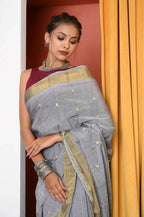 Very Much Indian Handloom Grey Cotton Paithani With Radha Krishna Pallu | Grocsy