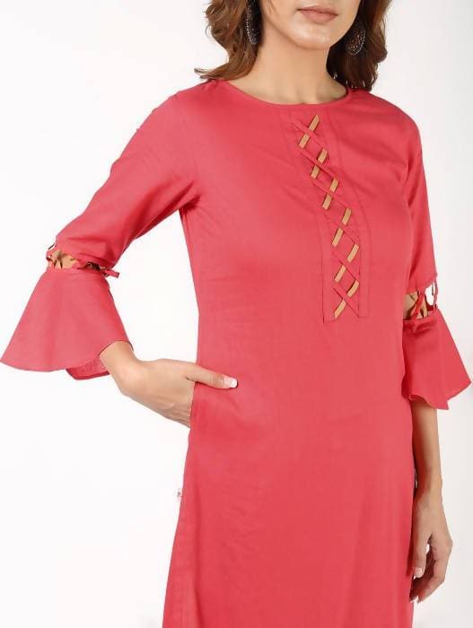 Aniyah Cotton Criss Cross Bell Sleeves Peach Straight Kurta (AN-142K) | Grocsy