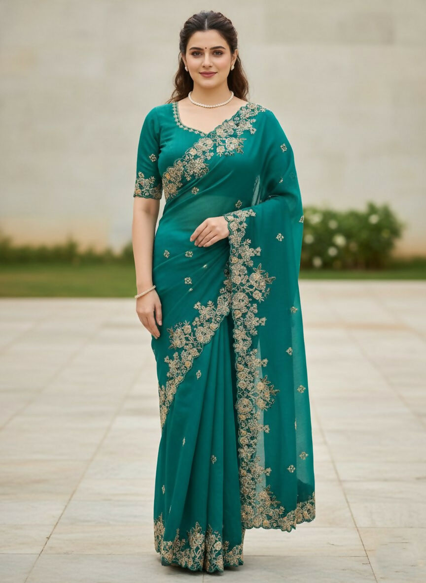 Teeya Creation New Trendy Party Wear Soft Silk Saree-Teal | Grocsy