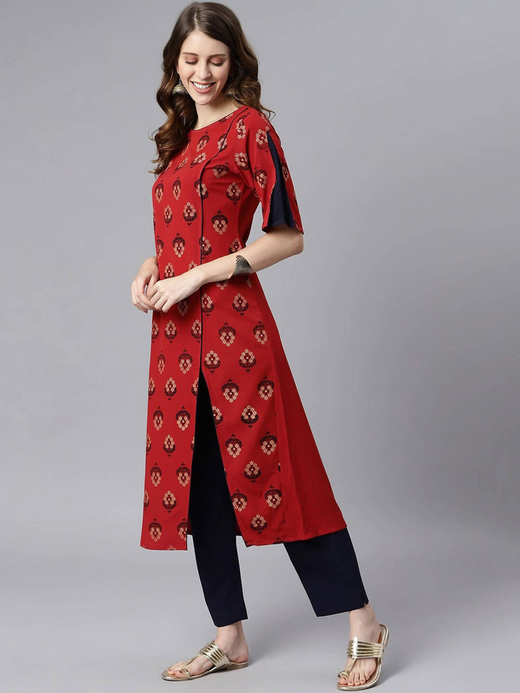 Janasya Women Maroon & Navy Blue Ethnic Motifs Printed Kurta with Trousers | Grocsy