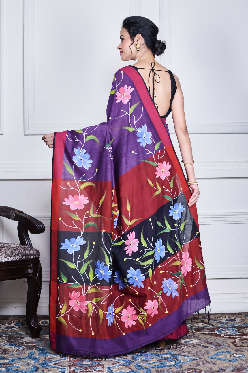 Morchari Multicolour Cotton Handloom Mirror Work Saree Unstitched Blouse | Grocsy