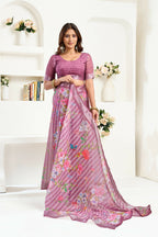 Joban Fashion Dusty Wine Floral & Striped Linen Ready To Wear Saree With Unstitched Blouse | Grocsy