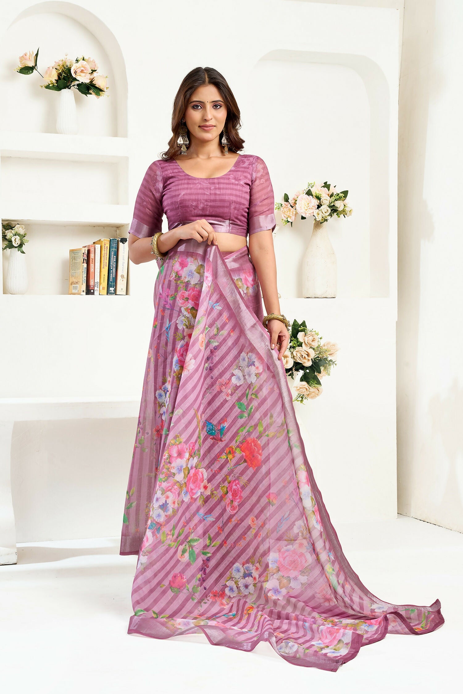 Joban Fashion Dusty Wine Floral & Striped Linen Ready To Wear Saree With Unstitched Blouse | Grocsy