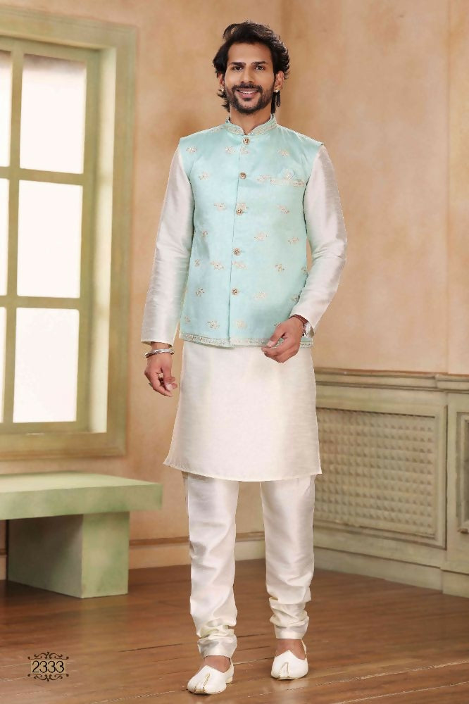 Raivat Ethnic Jacquard Banarasi Silk Woven Work 3 Pics Jacket Set In Pista Green Colour | Grocsy