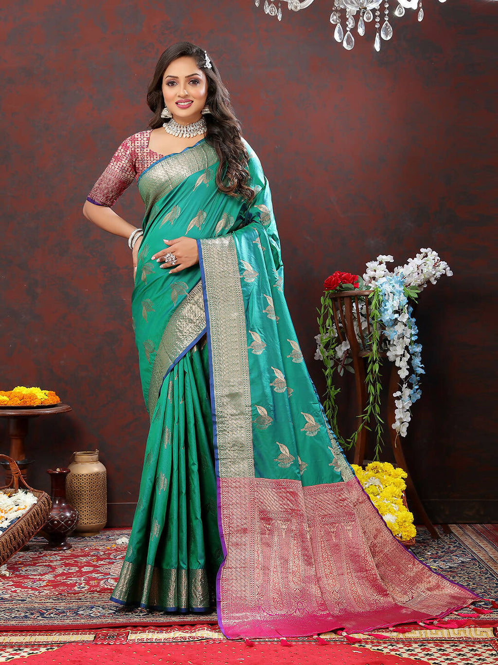 Lorenvalley Fashion Teal Soft Silk Woven Design Zari Weaving Saree | Grocsy